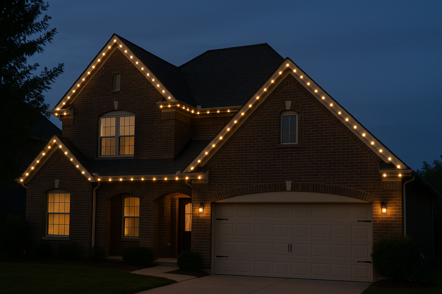 Another house with spaced permanent lights only on roof and pitch