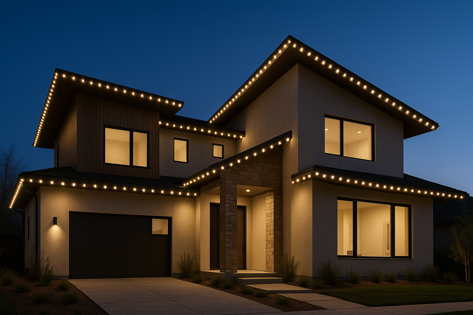 Different modern house with spaced permanent outdoor Christmas lights