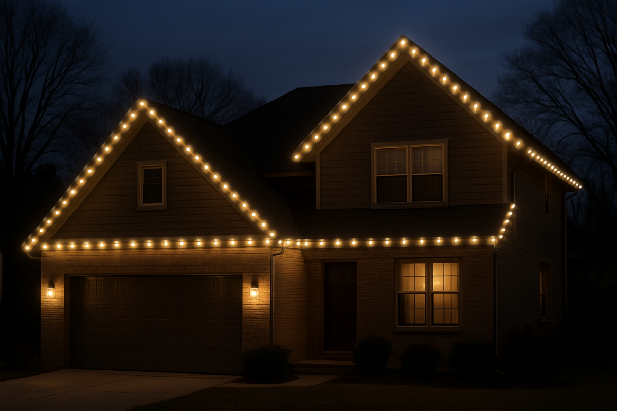 House with spaced permanent lights only on roof and pitch