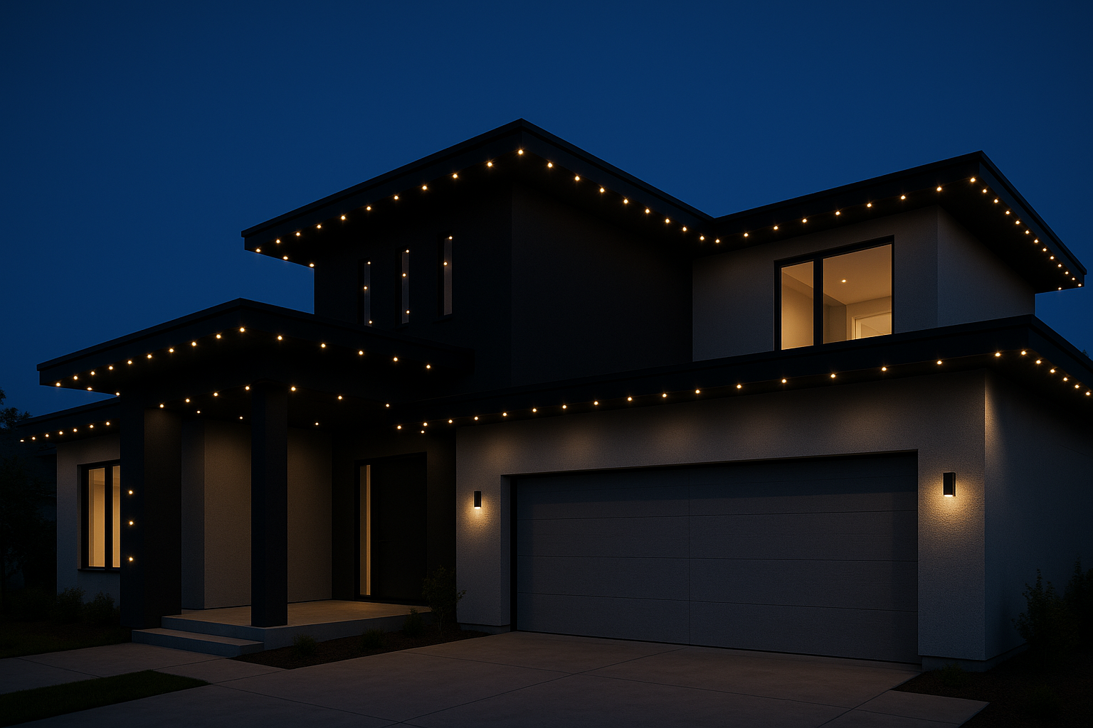 Modern house with spaced permanent outdoor Christmas lights